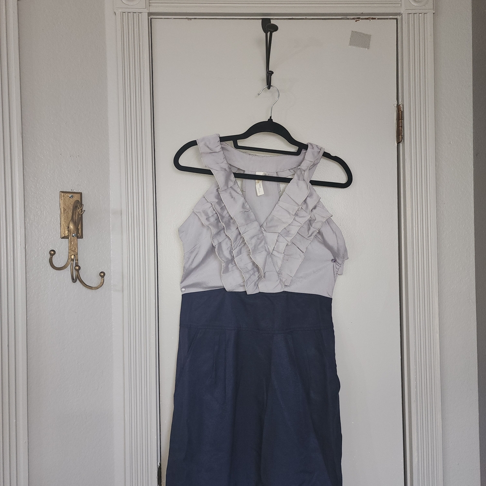 Two-Tone Ruffled Halter Formal Dress in Light Gray and Navy